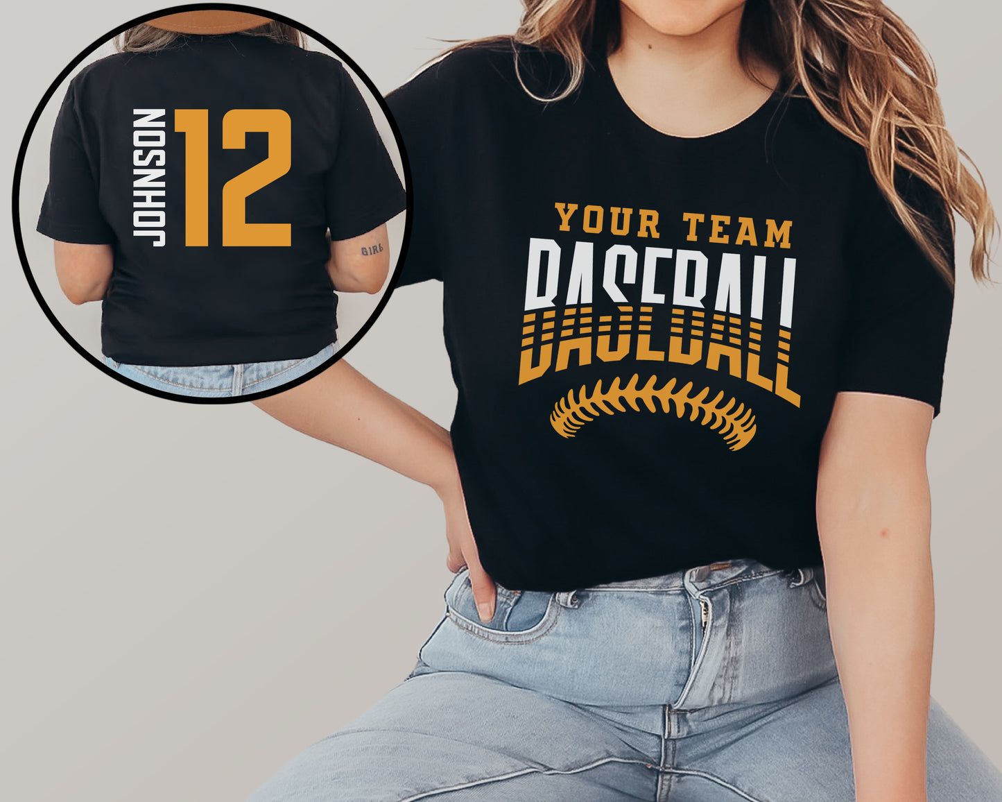 a woman wearing a baseball t - shirt with the number 12 on it