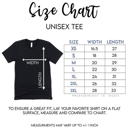 The image is a size chart for a unisex t-shirt, providing measurements for different sizes and corresponding t-shirt designs.