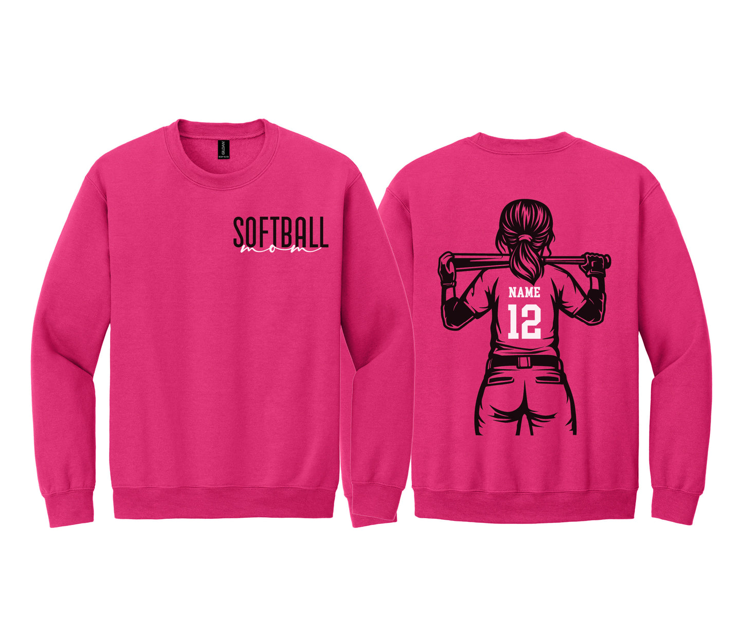A pink sweatshirt with a graphic of a female softball player and the text "SOFTBALL" printed on the front.