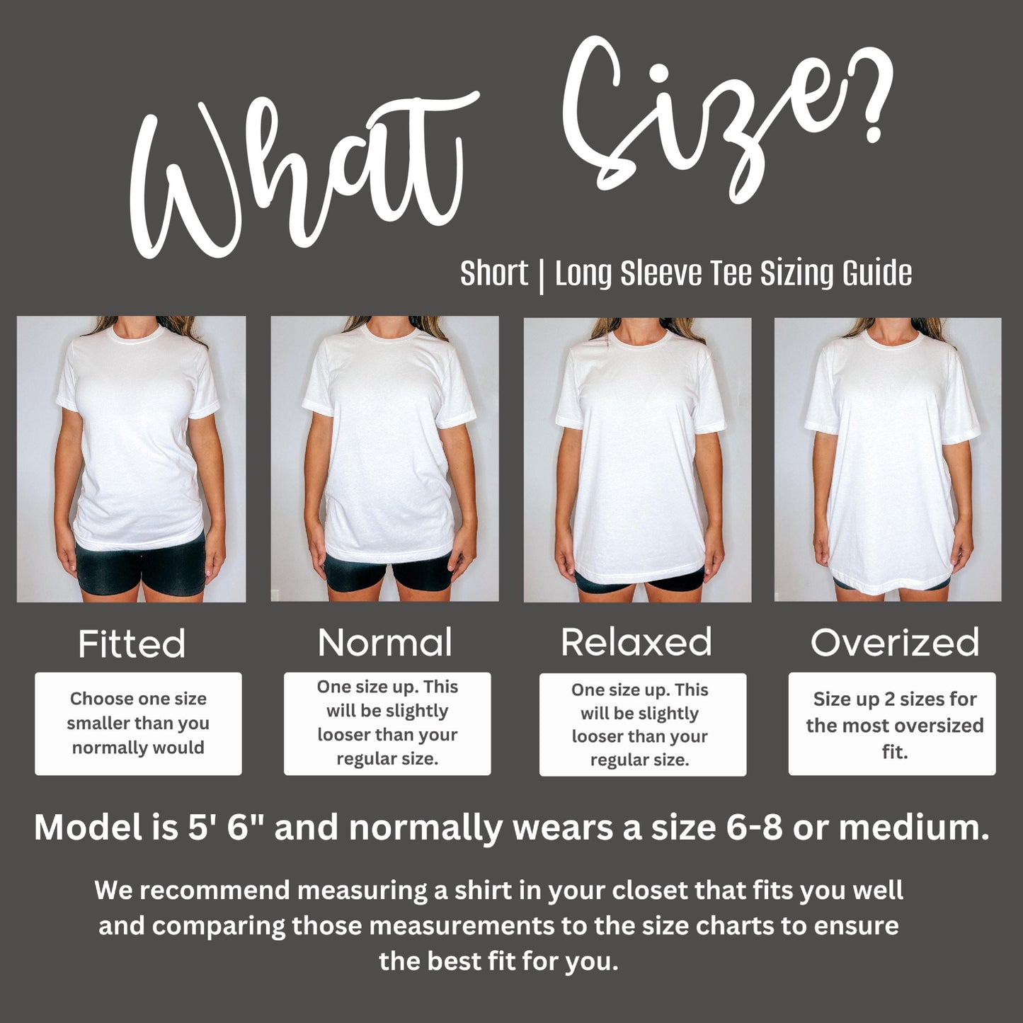 The image is a visual guide for short and long sleeve tee sizes, showing the fit of different shirt sizes for women.