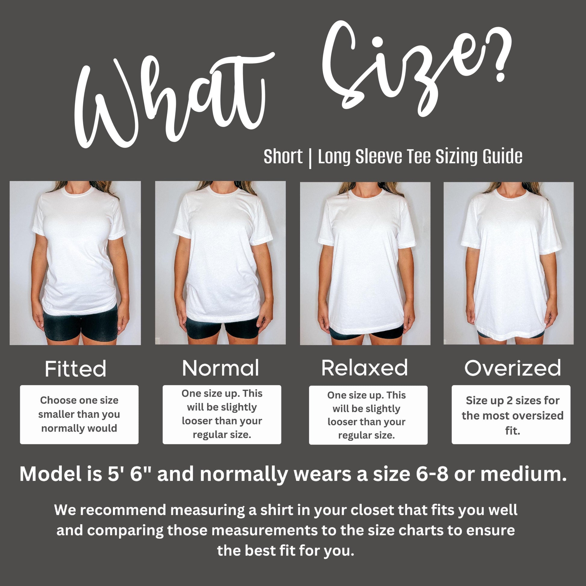 The image is a visual guide for short and long sleeve tee sizes, showing the fit of different shirt sizes for women.