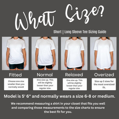 The image is a visual guide for short and long sleeve tee sizes, showing the fit of different shirt sizes for women.